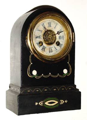 C.1870, Terry Clock Co, Waterbury, Conn, 39-Hour time and alarm, repainted black iron case. — Antique Clocks Price Guide