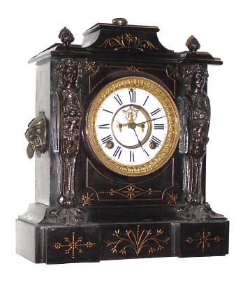 C.1885, Ansonia Clock Co., 8-day time/strike mantel clock, black enameled iron case. — Antique Clocks Price Guide
