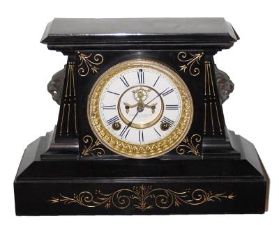 C.1885, Ansonia Clock Co., IMOGENE 8-day time/strike mantel clock, black enameled iron case. — Antique Clocks Price Guide