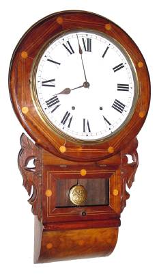 C.1890, Anglo-American, 8-day time and strike inlaid, round drop wall clock. — Antique Clocks Price Guide