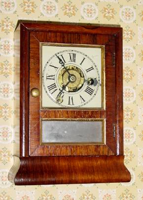 C.1855, Seth Thomas, Plymouth Hollow, MINI COTTAGE, 1-Day, time and alarm mini cottage clock, mahogany flat top with pine sides. — Antique Clocks Price Guide