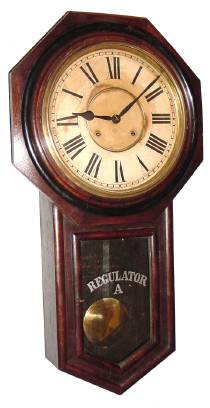 C.1906, Ansonia Clock Co., "Regulator A", 8-day time and strike, octagon long drop school clock. — Antique Clocks Price Guide