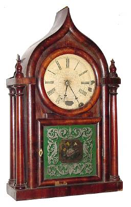 C.1852, Brewster Manufacturing Co., 8-day time/strike four column O.G. Gothic or "onion top" shelf clock — Antique Clocks Price Guide