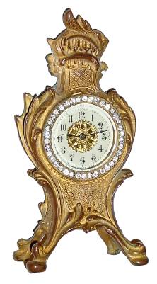 C.1900, New Haven Clock Co., TRIANON Ladies Boudoir clock, gilt spelter case with porcelain dial and brilliant surround, 1-day. — Antique Clocks Price Guide