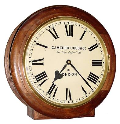 C.1890, English, Double Dial fusee timepiece with 13" dials and 14" brass bezels, in a new mahogany case with light walnut stain, and with an extension below to allow setting the clock on a desk. — Antique Clocks Price Guide