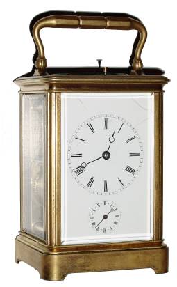 C.1900, French, Brass Cased Carriage Clock, time, strike, alarm and repeat, in a Corniche case. — Antique Clocks Price Guide