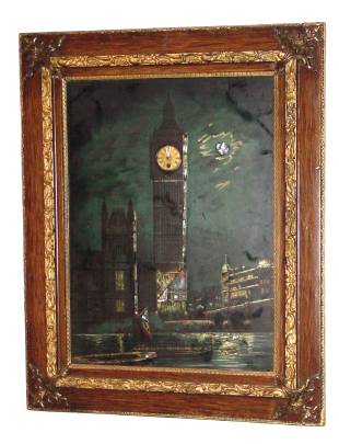 C.1900, English, Souvenir picture clock, 30-hour, a night scene showing Big Ben, with the clock mounted in a box behind the picture, and the hands showing in the same location as the dial of Big Ben. — Antique Clocks Price Guide