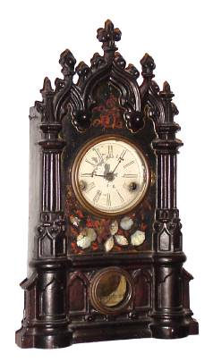 C.1855, D. S. Crosby, Cortland St., New York, 30-hour time/strike iron front mantel clock. D. S. Crosby was formerly an agent of the Ansonia Clock Co. — Antique Clocks Price Guide