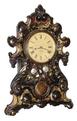 C.1850, Chauncey Jerome, 8-Day Iron front with mother of pearl inlay and stenciled gold decorations. — Antique Clocks Price Guide
