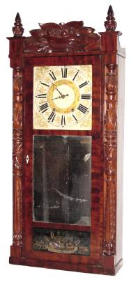 C.1840, Jeromes and Darrow, carved column and splat, 8-day time and strike wood movement shelf clock. — Antique Clocks Price Guide