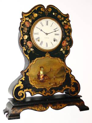 C.1850, Litchfield Mfg Co, Papier-mache case with original decorations and mother of pearl, and with a "molded in" shelf at the bottom, similarly decorated, with original 8-day time and strike movement (signed Chauncey Jerome) — Antique Clocks Price Guide