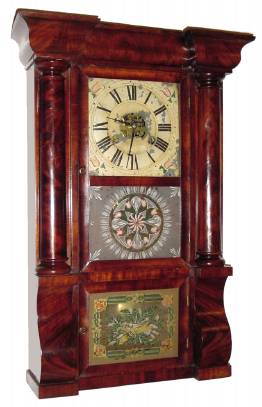 C.1845, Forestville Manufacturing Co, Bristol, Conn, miniature column and cornice, 2-weight, 30-hour with original tablets, dial and label. — Antique Clocks Price Guide