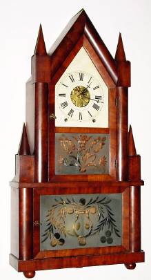C.1845, Birge and Fuller, Bristol, Conn, WAGON SPRING, with Daniel Pratt overpaste label on 8-day double steeple case. — Antique Clocks Price Guide