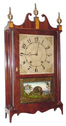 C.1828, Chauncey Ives, Bristol, Conn, 30-hour time/strike wooden movement pillar and scroll shelf clock. — Antique Clocks Price Guide