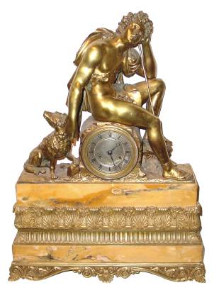 C.1830, French, Pons, Sienna Marble and Bronze Figural Clock Sleeping Shepard and Dog, 8-day time and bell strike. — Antique Clocks Price Guide