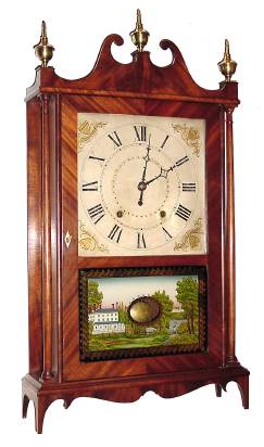 C.1825, Ephraim Downes, Bristol, Conn, 30-hour time and strike wooden movement pillar and scroll shelf clock. — Antique Clocks Price Guide