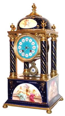C.1890, Austrian, Cobalt Blue Porcelain Temple Clock, with original French striking movement, 5 hand painted scenes, with 24K gold accents, large. — Antique Clocks Price Guide