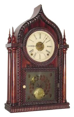 C.1845, J. C. Brown (Forestville Manufacturing Co.), 8-day time/strike/alarm 4-column ripple onion top clock. — Antique Clocks Price Guide