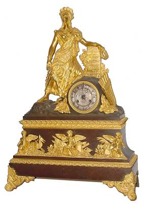 C.1840, French, Ormolu and Bronze Clock, commemorating the Revolutions in South America beginning in 1810, an Indian figure, left arm resting on a stone pillar with 4 countries listed: Etats Unis (US), Colombia, Mexico and Peru, the chieftain with a feather head dress, chain in his/her right hand, and a lion skin draped over the left shoulder, 8-day bell strike movement with silvered dial. — Antique Clocks Price Guide