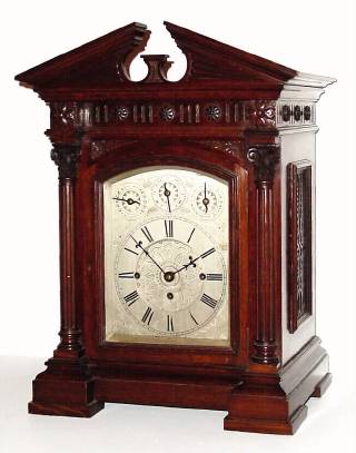 C.1880, English, Large 8-Bell, 3-Fusee, quarter chiming bracket clock in mahogany with engraved silvered dial. — Antique Clocks Price Guide