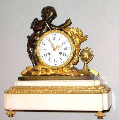 C.1840, French, Douillon St. Nicolas d'Aliermont, bronze and marble figural clock GEOMETRY, 8-Day, bell strike. — Antique Clocks Price Guide