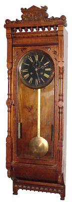 C.1885, E. N. Welch Mfg, Forestville, Conn, "Regulator G", 8-day double weight, time, in ash, with burl accents. — Antique Clocks Price Guide