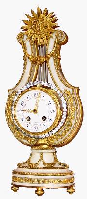 C.1900, French, for Tiffany and Co, NY (signed on mov't), White Marble and Ormolu LYRE clock with swinging brilliants pendulum. — Antique Clocks Price Guide