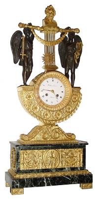 C.1875, French, Lyre Clock, pendulum over movement, 8-day bell strike, a pair of bronze angels holding the support for the pendulum. — Antique Clocks Price Guide