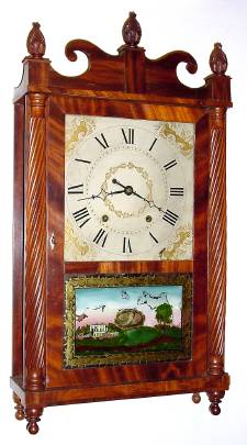 C.1828, Jeromes and Darrow, early transitional shelf clock with twisted mahogany columns, jester top and 4 turned feet. — Antique Clocks Price Guide