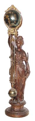 C.1900, Ansonia Clock Co., "DIANA BALL SWING" 8-day timepiece on a patinated spelter statue, the movement contained within the top ball. — Antique Clocks Price Guide