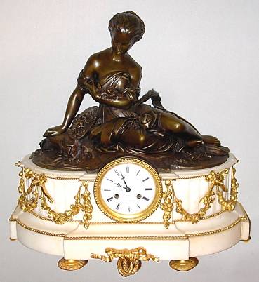 C.1850, French, Raingo Freres, Bronze and marble FLOWER GIRL, 8-day time and bell strike mantel clock. — Antique Clocks Price Guide