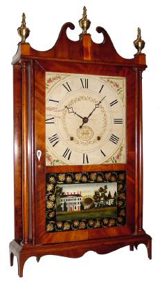 C.1822, Seth Thomas, Pillar and Scroll, 30 hour wood works, with early label that does NOT credit Eli Terry with his patents; after 1824 or so Thomas changed his labels, and the suit was finally settled in 1827. — Antique Clocks Price Guide