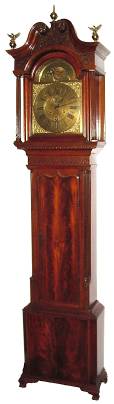 C.1742, English, John Penlington, Ince, brass dial, rolling moon, quarter chime, mahogany tall clock. — Antique Clocks Price Guide