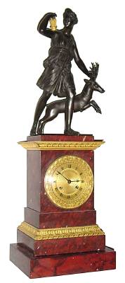 C.1840, French, Pons, Bronze Figural Clock, DIANA, HUNTING, 8-day bell strike with engine turned bezel (rotate to remove both front and rear bezels). — Antique Clocks Price Guide