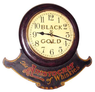 C.1900 English, 8-day advertising wall timepiece "Black and Gold, the Aristocrat of Whiskies". — Antique Clocks Price Guide