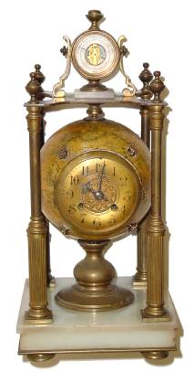 C.1880, French, "Clock in Globe", conventional lever escape movement secured into the terrestrial globe with 4 thumb screws with rosette heads. — Antique Clocks Price Guide