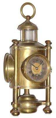 C.1890, French, "Davy Lamp", with barometer and thermometer, also compass at top, an 8-day platform movement in one of the 3 sides of the lantern, from Guilmet. — Antique Clocks Price Guide