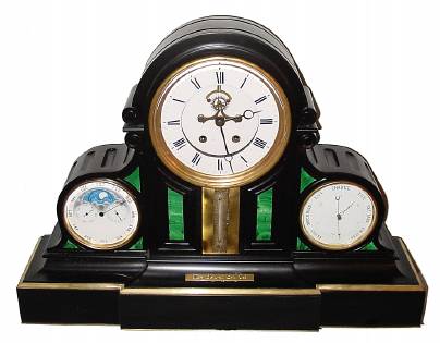 C.1890, French, LARGE Triple Dial, Perpetual Calendar clock with barometer, 8-day time and bell strike, in a black marble and slate case with malachite accents. — Antique Clocks Price Guide