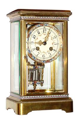 C.1895, French, S. Marti, Crystal Regulator / Cloisonne trim, 8-day time and gong strike in a smooth Corniche case. — Antique Clocks Price Guide