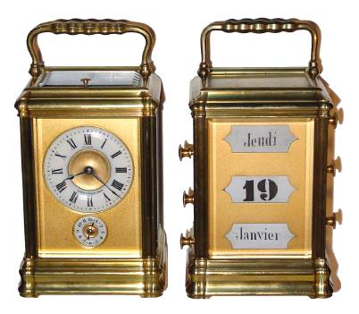 C.1900, French, Chaude, 36 Palais Royal, Paris, set of two gorge cases, one with manual calendar, the other with an ivory dialed Petite Sonnerie clock, repeater with alarm, selector lever in the base for Silence/Sonnerie. — Antique Clocks Price Guide