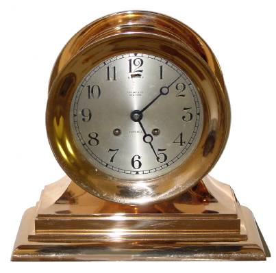 C.1930, Chelsea, for Tiffany and Co., New York, Ships Bell on base, red brass, 6 inch dial, serial 156380. — Antique Clocks Price Guide