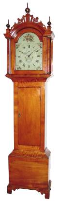 C.1805, L. and A. Hutchins, Concord, NH, 8-day, 2-weight, maple tall case clock, with bracket feet, fretwood top, and a nice amount of tigering in the wood. — Antique Clocks Price Guide