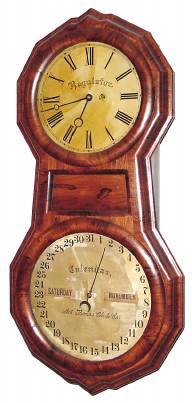 C.1865, Seth Thomas Clock Co., Plymouth Hollow, Office Calendar No. 1, 8-day rosewood figure 8 case, weight driven double dial perpetual calendar. — Antique Clocks Price Guide