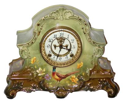 C.1904, Ansonia Clock Co., Royal Bonn "La Nord", 8-day time/strike porcelain mantel clock, signed painting. — Antique Clocks Price Guide