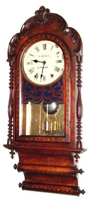 C.1880, Anglo-American, 8-day time and bell strike inlaid wall clock, double rolling pin model. — Antique Clocks Price Guide
