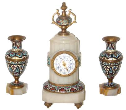 C.1880, French, Miniature 3-Piece Clock Set, champleve enamel, multi color bands around the clock tower, and the matching urns totally covered with enamel. — Antique Clocks Price Guide