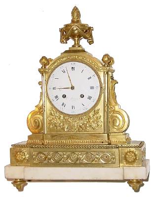 C.1825, Belgian, Sarton a'Leige, Ormolu and marble architectural clock, with sprays of leaves, scrolls and surmounted by pineapple finials and a large urn surrounded by a cloth swag. — Antique Clocks Price Guide