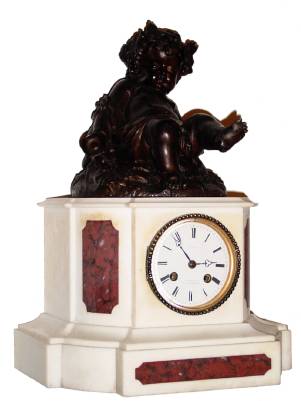 C.1890, French, Patinated Spelter and Marble clock, 8-day bell strike, surmounted by a cherub at a grape festival, with a crown of grape leaves and an empty chalice in his right hand, and a happy look on his face. — Antique Clocks Price Guide