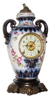 C.1880, F. Kroeber, New York, Porcelain Urn clock, with pressed brass base, 8-day time and strike. — Antique Clocks Price Guide