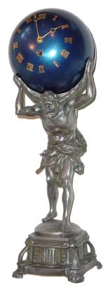 C.1903, French, Figural Clock, ATLAS HOLDING GLOBE on his shoulders, the clock works within the globe, 8-day time, platform movement. — Antique Clocks Price Guide